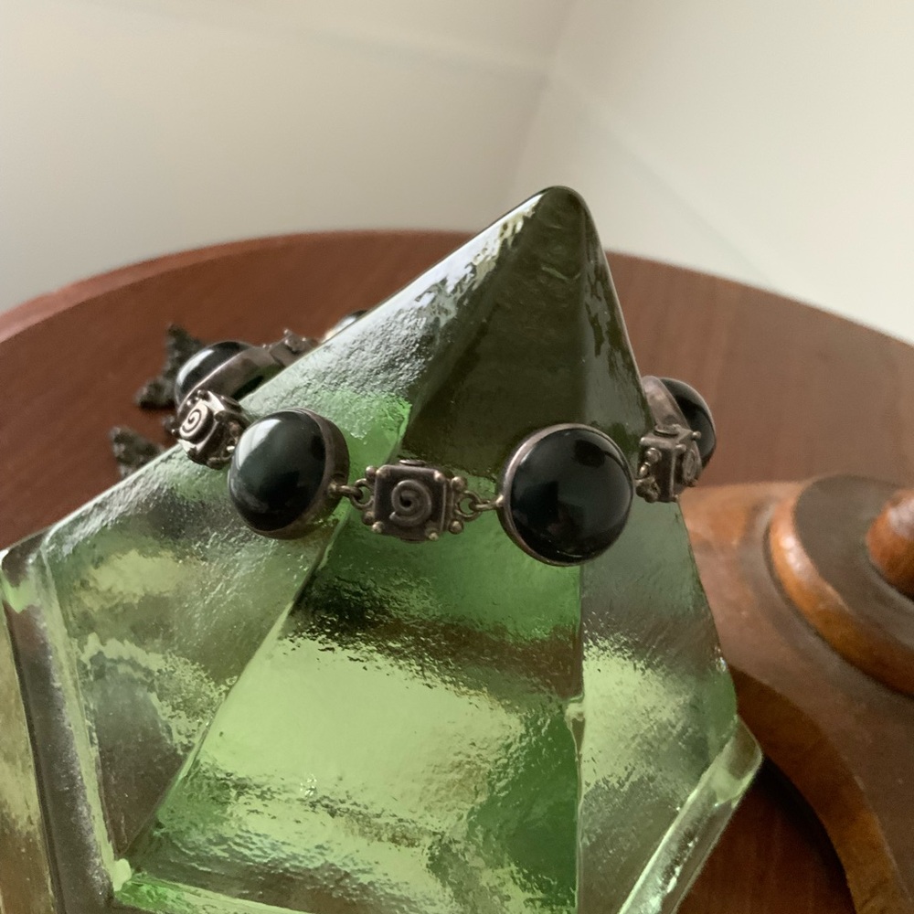 Vintage Sajen marked ster rainbow obsidian flashing evil eye spirals bracelet